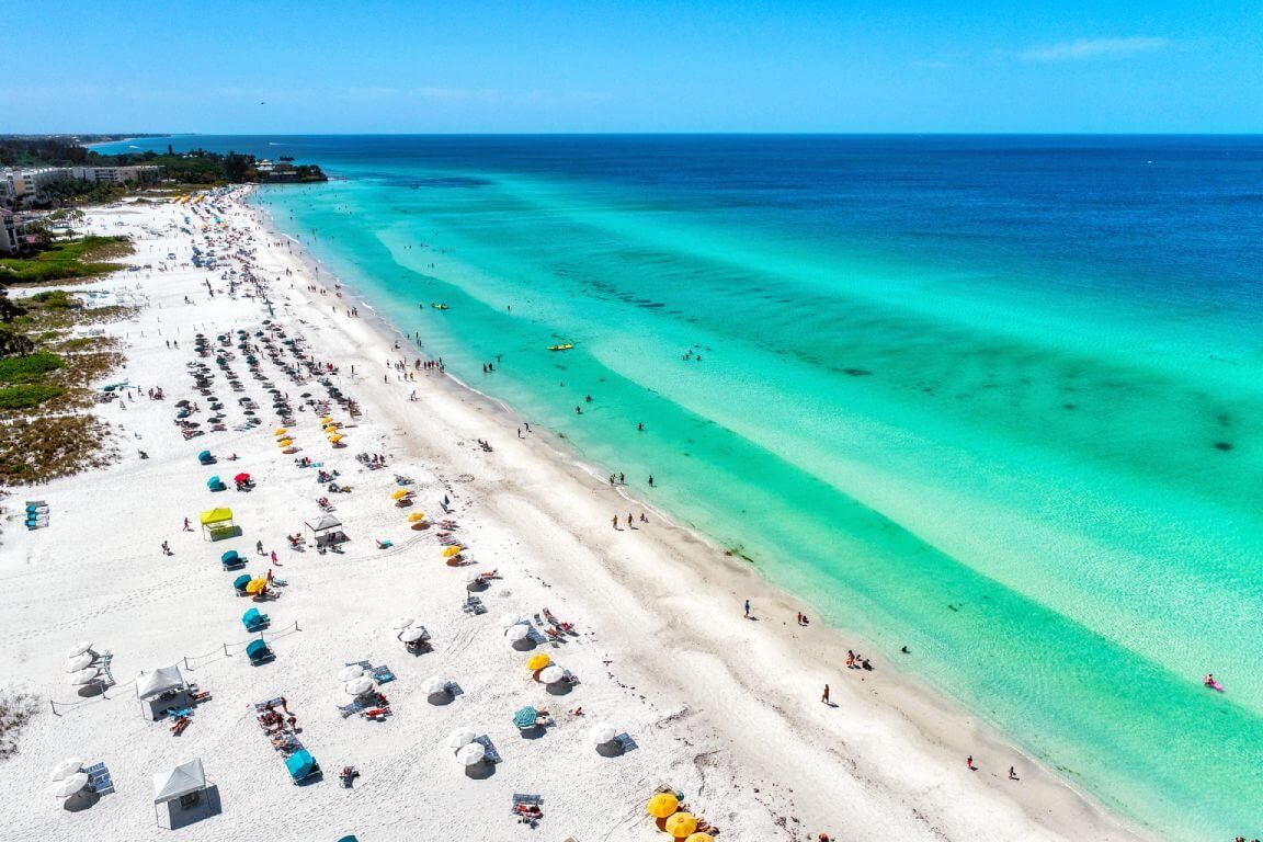 Bird's eye view overlooking Siesta Key coastline.